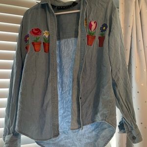 Summer jean jacket w/ potted flowers embroidered